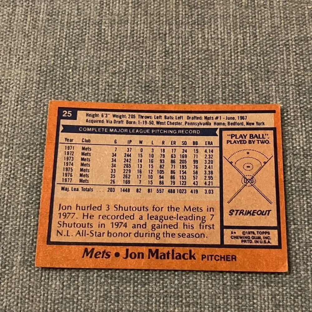 1978 Topps New York Mets Baseball Card Trading Card